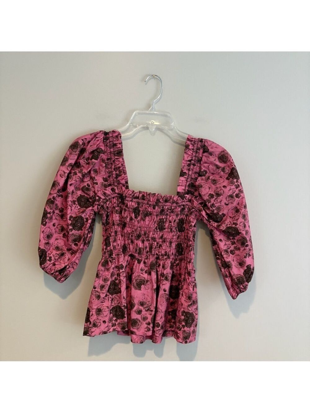 Ganni Shirred Organic Cotton Pink Floral Smocked Blouse